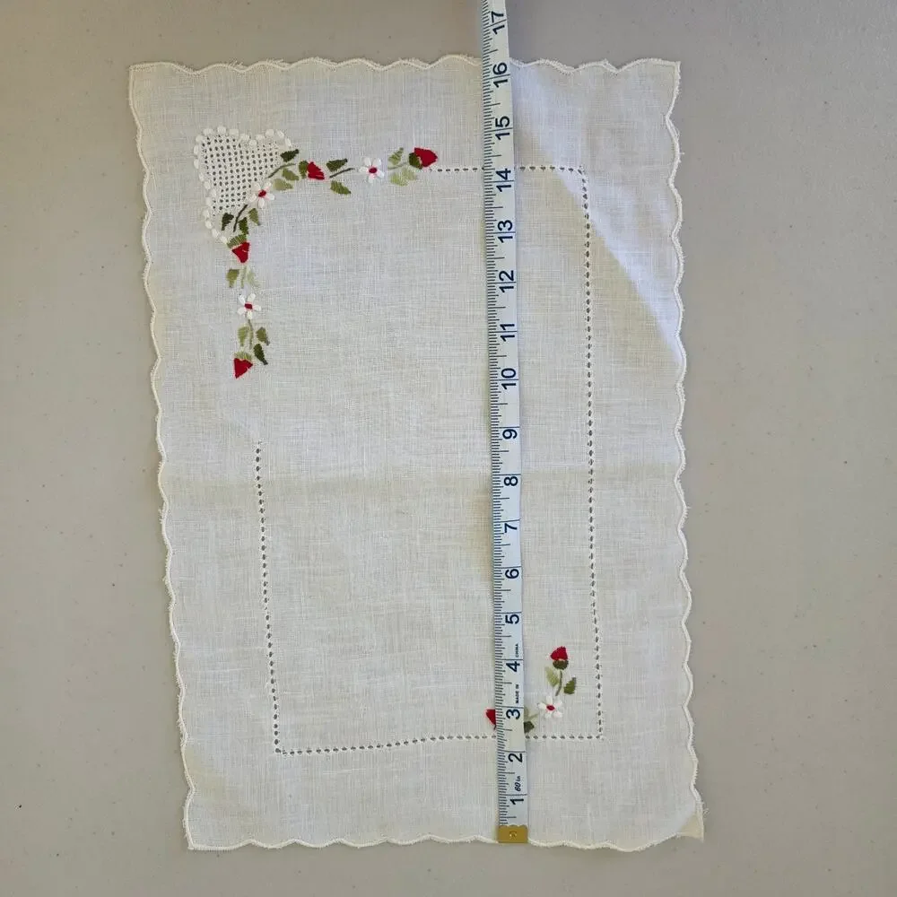 Vintage White Linen Embroidered Doily Placemat Red Flowers Cutwork Lace Edge